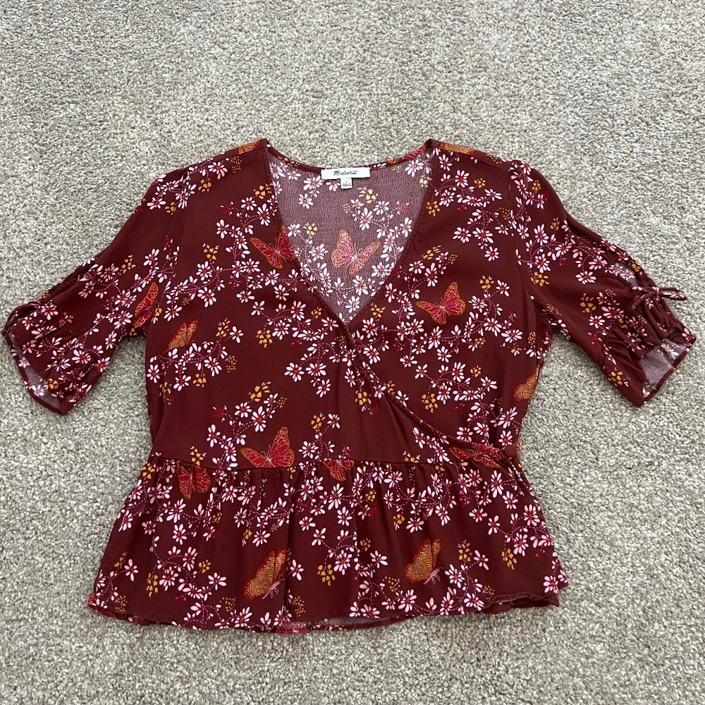 Madewell Cropped Tie- Sleeve Wrap Blouse in Butterfly Sanctuary